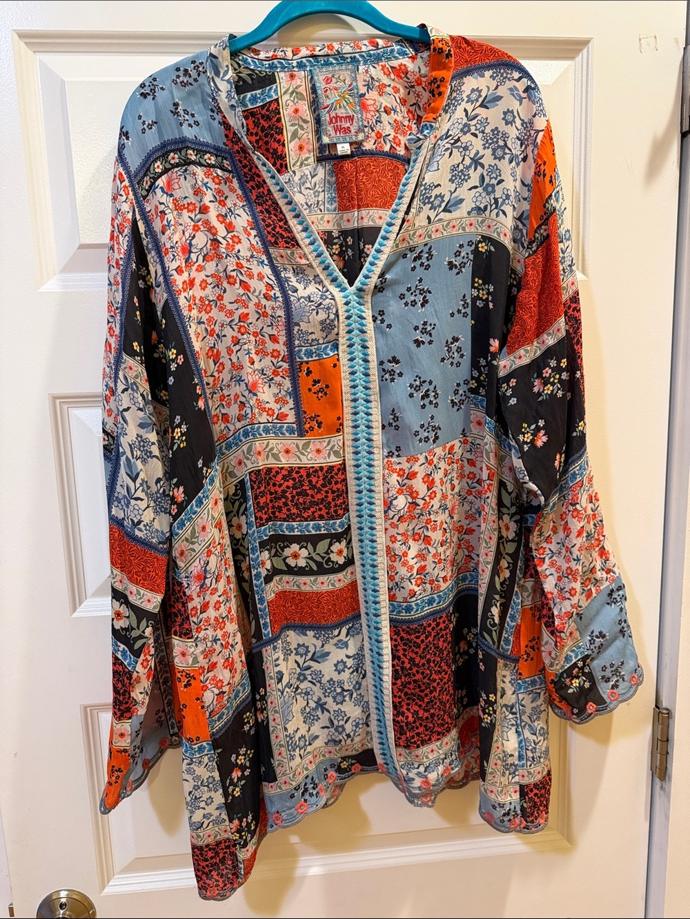 Johnny Was Patchwork Floral V-Neck Tunic - Blue, Orange, Black, Cream